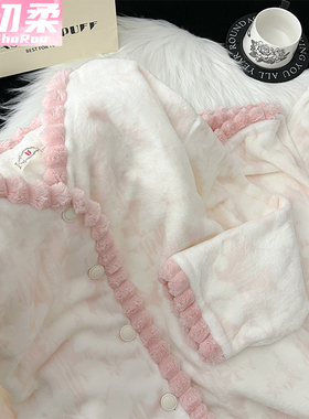 法兰绒睡衣女新款冬季珊瑚绒绿色加绒加厚保暖长袖开衫家居服套装