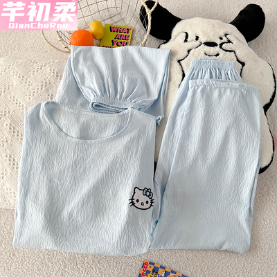 睡衣三件套女夏季云朵棉短袖短裤