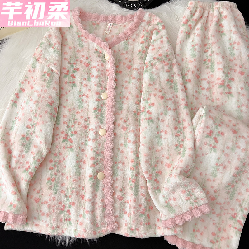 法兰绒睡衣女新款冬季珊瑚绒绿色