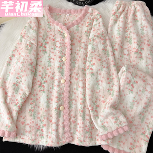 法兰绒睡衣女新款冬季珊瑚绒绿色加绒加厚保暖长袖开衫家居服套装