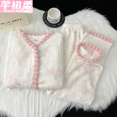 法兰绒睡衣女新款冬季珊瑚绒绿色