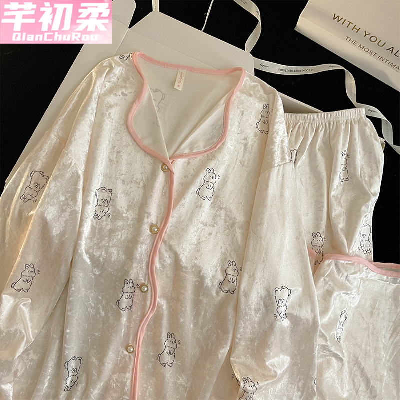 金丝绒公主开衫女睡衣套装