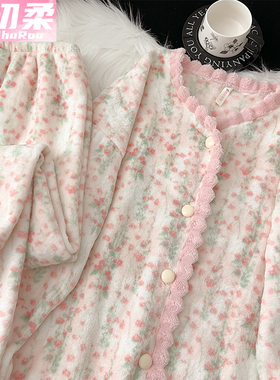 法兰绒睡衣女新款冬季珊瑚绒绿色加绒加厚保暖长袖开衫家居服套装