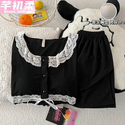 夏季修身公主蕾丝甜美套装带胸垫