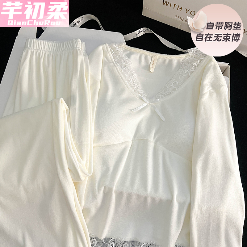 海岛绒带胸垫春秋冬季睡衣女蕾丝花边蝴蝶结纯欲风纯色保暖家居服