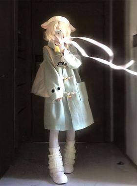 薄荷青提 冬季新款日系古早奈奈风设计感连帽中长款毛呢外套大衣