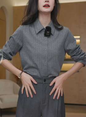 灰色复古老钱风polo领条纹衬衫女秋冬季新款高级独特别致叠穿上衣