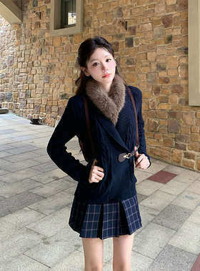 格温小镇 毛领藏青麻花针织套装女秋冬季格纹半裙复古气质两件套