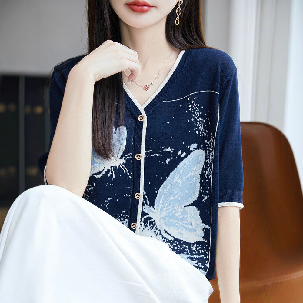 2026夏季新款小衫莱赛尔天丝薄款半袖女士针织五分袖开衫提花