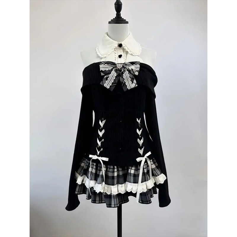 甜酷暗黑风套装女早秋设计感蝴蝶结系带长袖上衣+格纹短裙两件套