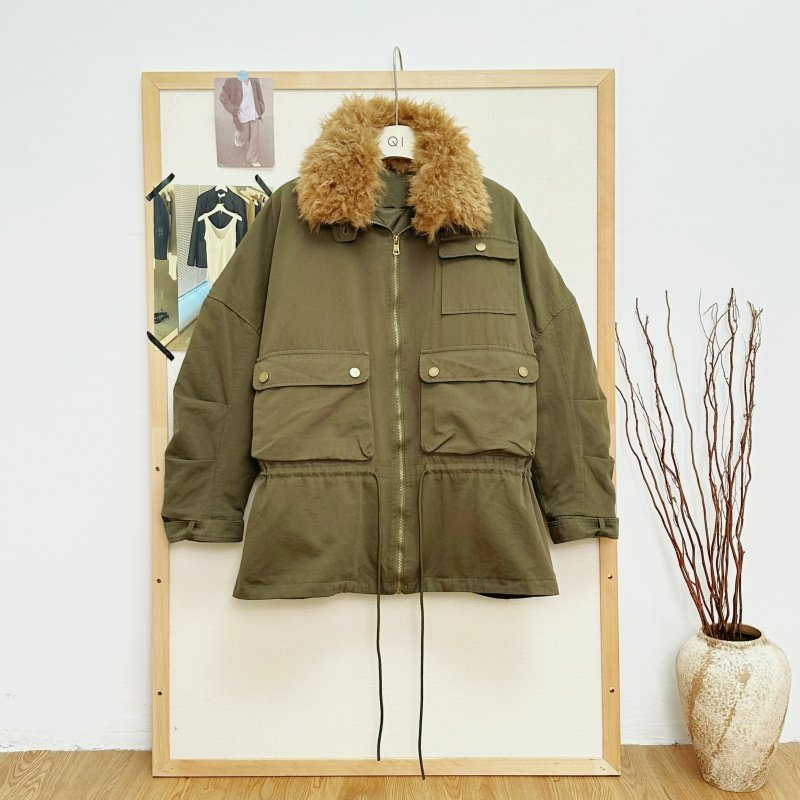 ADORE YOU 复古水洗做旧下摆抽绳花苞夹克收腰修身外套工装棉服