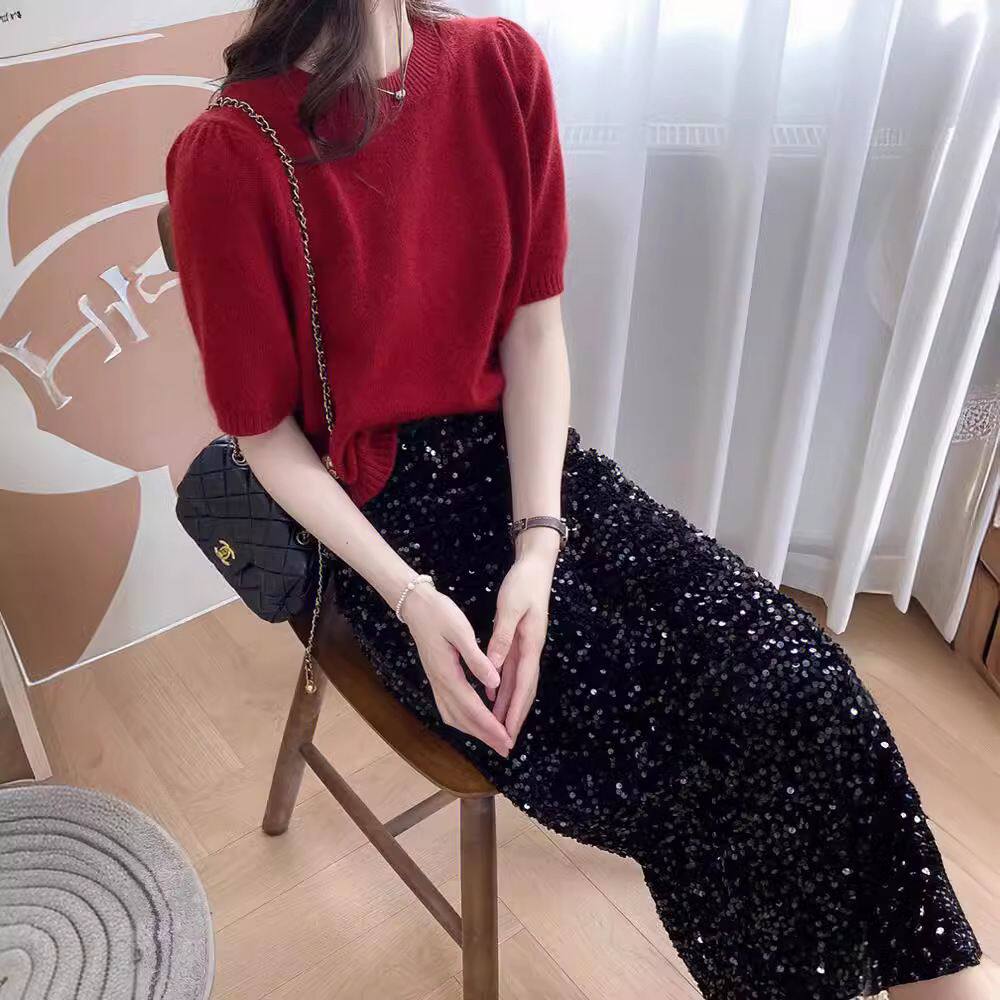 韩版甜美新款春秋100羊毛泡泡袖女宽松休闲通勤羊绒半袖上衣T恤