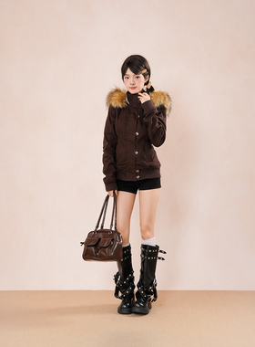 古着vintage连帽毛领外套秋冬新款设计感小众复古收腰修身夹克女