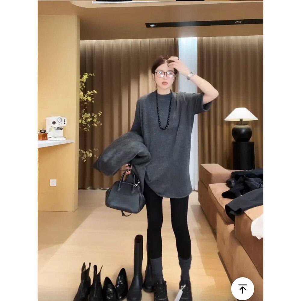 春秋半高圆领羊毛衫中长款短袖T恤女宽松显瘦羊绒衫针织外搭上衣