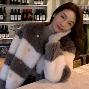 25秋冬新款撞色条纹托卡羊羔毛皮草大衣女短款羊剪绒皮毛一体外套