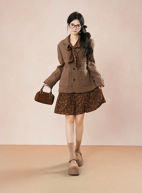 碎语温仪 韩系复古棕色毛呢西装外套+系带碎花长袖连衣裙两件套装