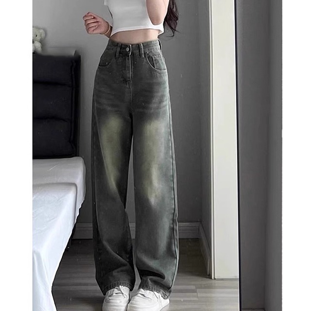 大码复古绿直筒牛仔裤202