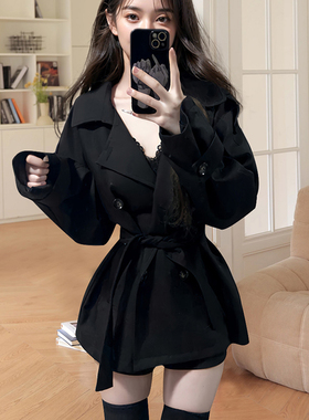 纯欲风复古双排扣风衣女春秋季新款小个子高级感黑色收腰短款外套