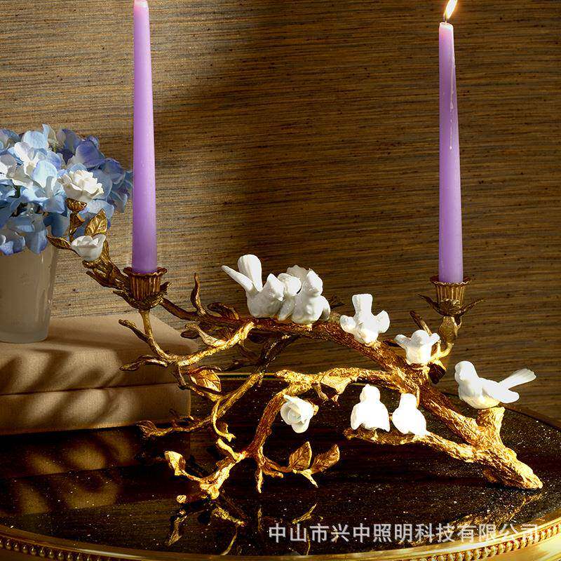 欧式法式小鸟纯铜双头烛台美式别墅客厅家居两头烛台装饰摆件