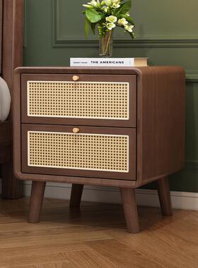 法式复古风实木床头柜卧室家用小型轻奢黑色收纳储物藤编床边柜子