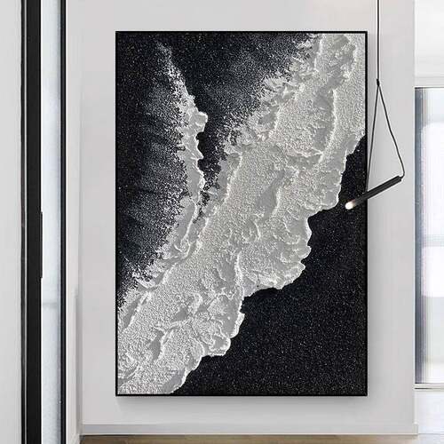 黑白立体海浪手绘油画现代简约沙发客厅装饰画肌理画入户玄关挂画