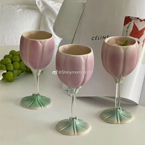 Shinymomo法式复古陶瓷红酒杯郁金香七夕礼物创意浮雕花瓣高脚杯