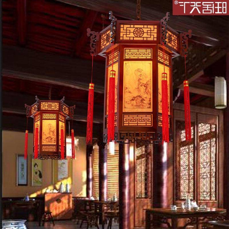 仿古典宫灯新中式实木艺饭店灯具过道灯笼六角风祠堂走廊吊灯