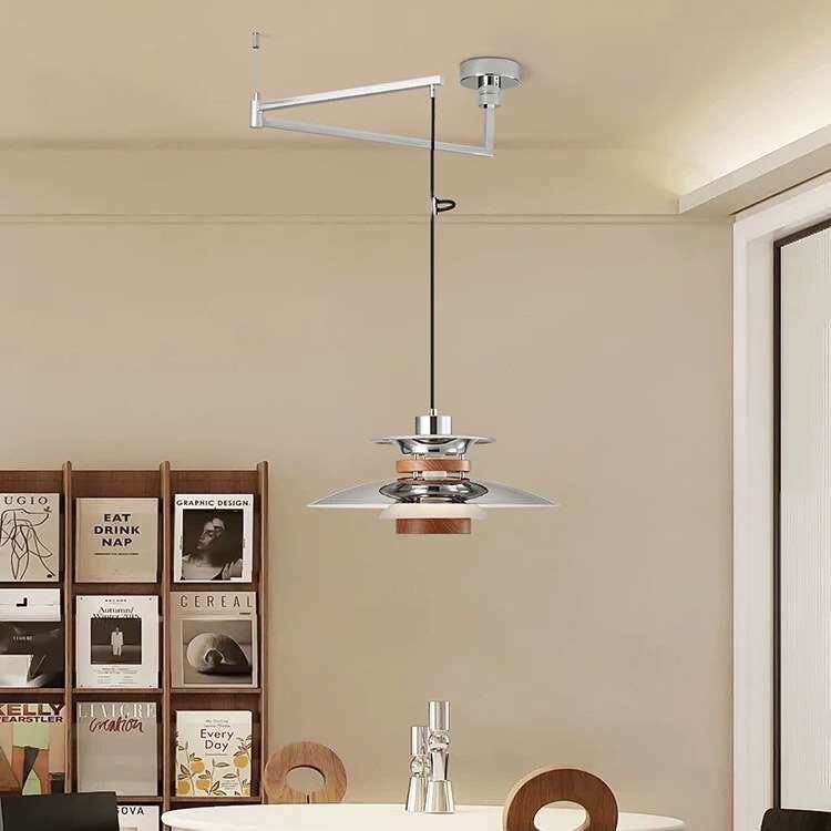 中古风餐厅吊灯ph5飞碟护眼复古胡桃木纹色可位移摇臂餐桌饭厅灯