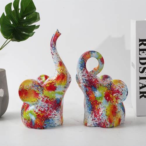 彩色树脂工艺品动物弯鼻小象创意办公室家居客厅桌面装饰摆件品