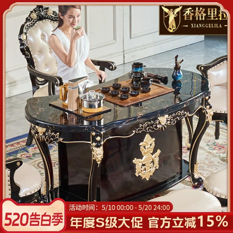 欧式茶水桌别墅客厅家用实木大理石茶桌椅功夫茶台一体茶几多功能
