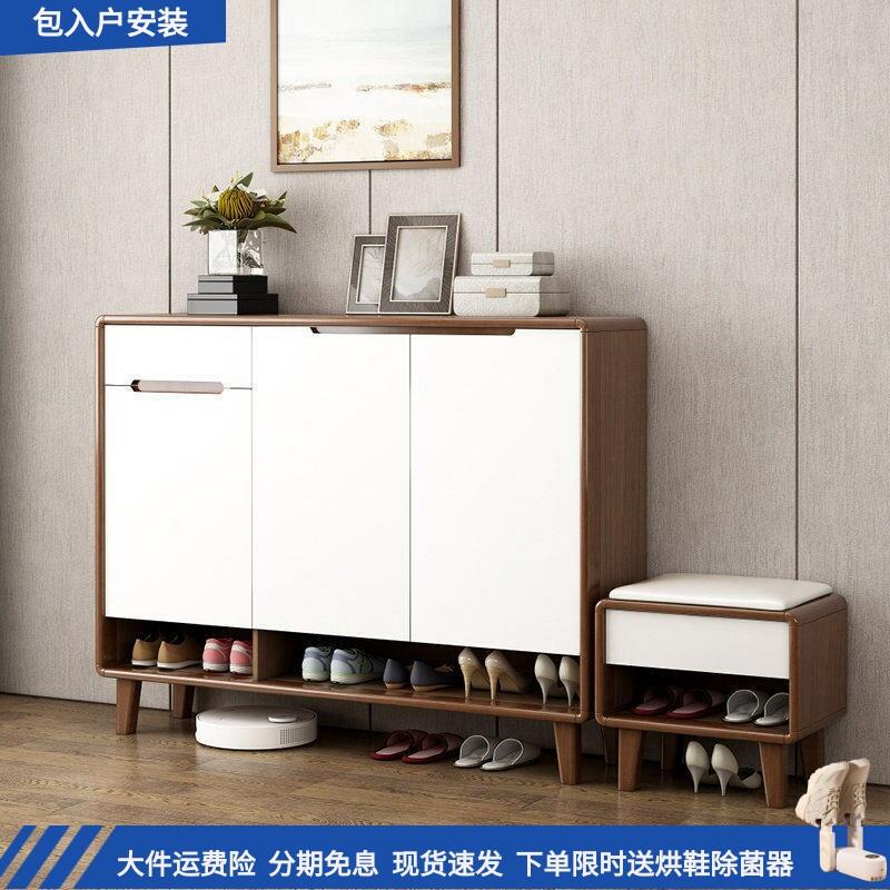 新中式入户实木鞋柜带换鞋凳玄关隔断收纳储物阳台柜家用门口鞋橱