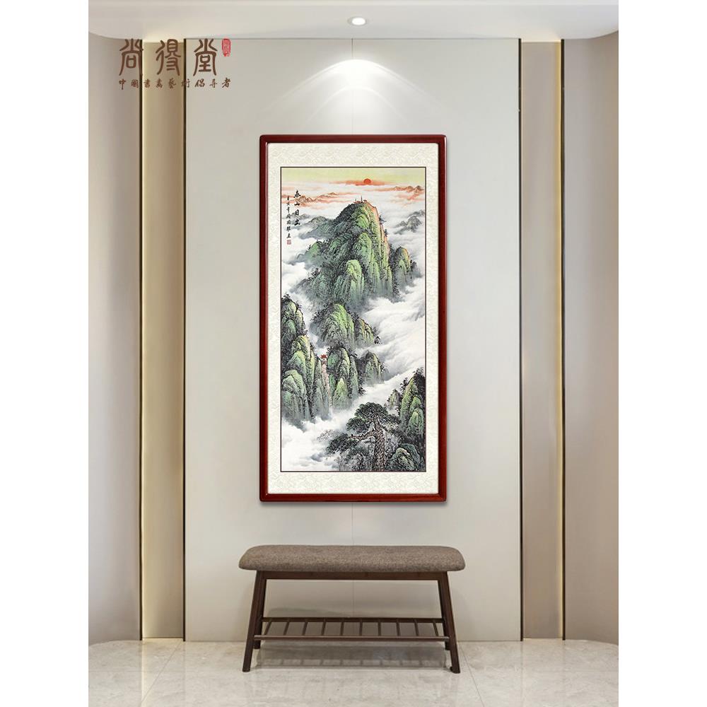 泰山日出山水画手绘正品国画入口入口装饰画走廊过道竖版朝日东升