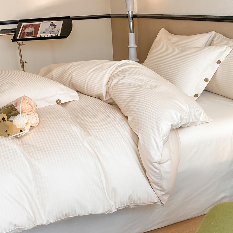 NXD全棉60缎s长套绒棉提花贡缎条套床单床笠四件纯棉床包4件