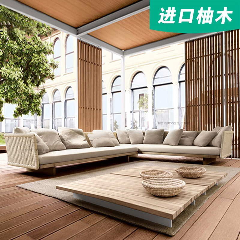 高端户外柚木藤编防水转角沙发