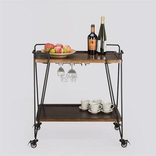 复古563实铁艺用餐车双层家厨房小推车盘车餐移动木餐厅酒架茶水