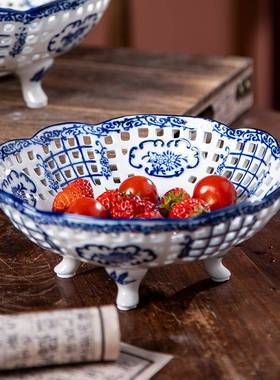 陶瓷水果盘餐厅陶瓷水果盘可沥水四水角果高足陶瓷盘果盘果大容量
