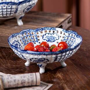 陶瓷水果盘餐厅陶瓷水果盘可沥水四水角果高足陶瓷盘果盘果大容量