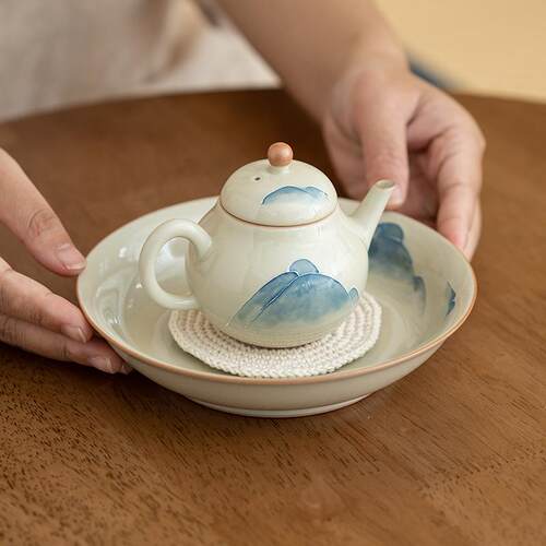 冰手绘山水台壶陶干泡盘茶道承配729件壶托家用茶点盘瓷圆形釉下