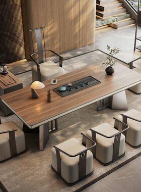 202一5年纹新款木岩板大板茶桌JQL椅组合桌五椅新中式茶台办室一