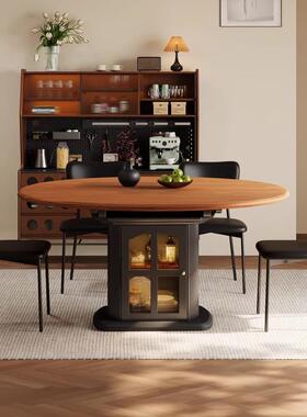 黑色复风可伸缩可实木岩板餐桌变圆桌古法式JAI多中古风功能带储