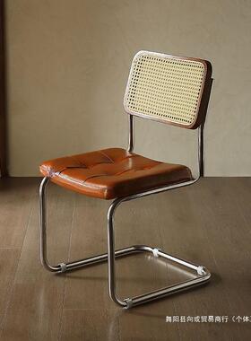 法式用中古编餐椅家意式餐桌藤实木椅BHE子复瓦西里不锈古钢皮凳