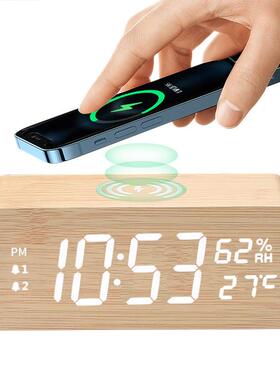 p湿vcLED木头钟15无线快充W时钟电61847子贪闹钟多功能睡数字温度