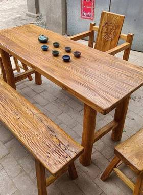 老榆木茶桌实木餐桌复古长桌台办用书家桌原木吧JHC台宿茶老民木