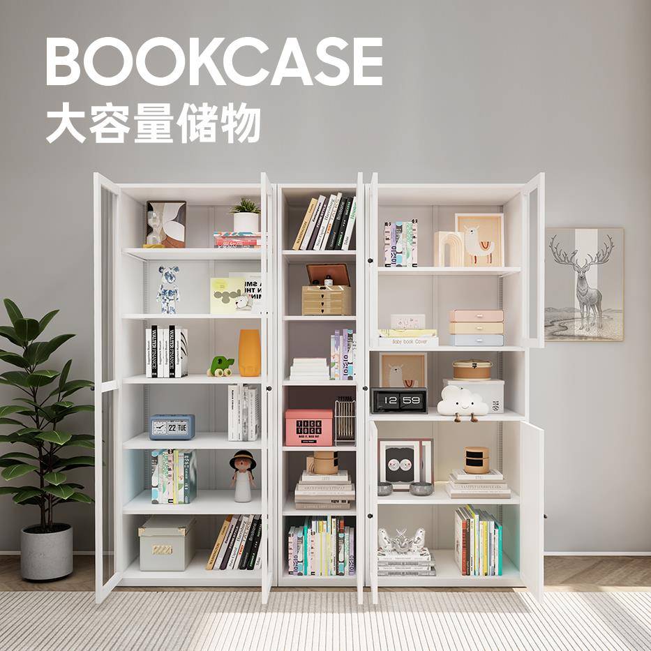 新款家用CFU钢制书柜防带璃艺门展尘示玻书架铁落地置物架收纳铁