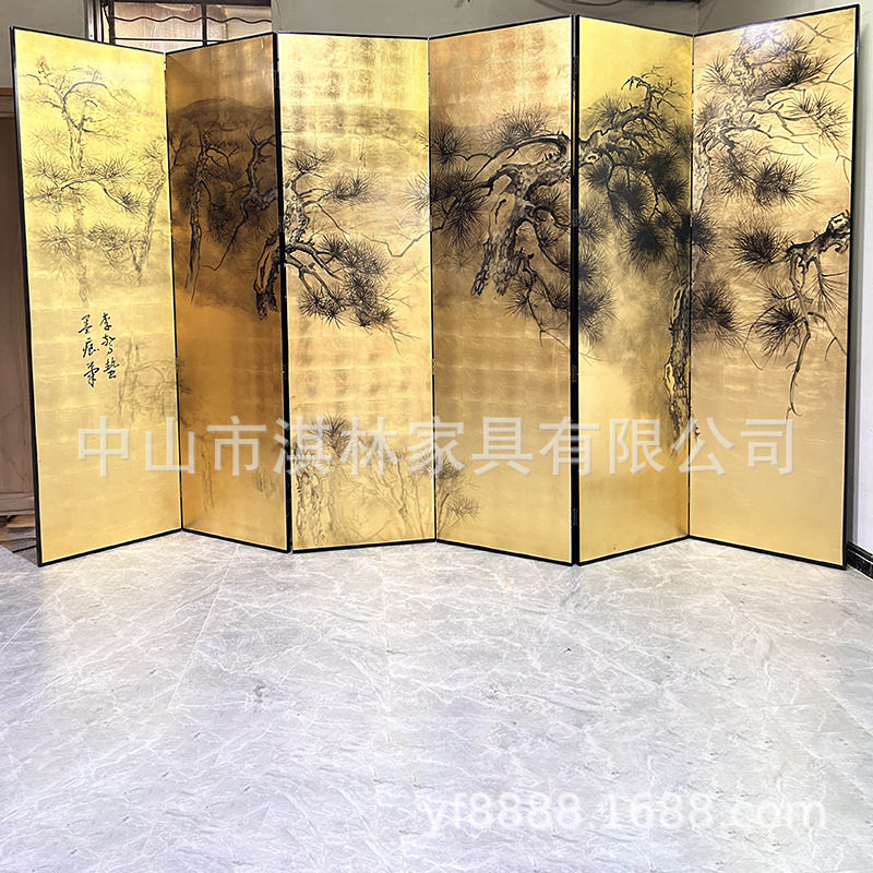 手绘漆画中式金箔屏风客厅隔断茶室办公室摄影直播道具装饰屏风