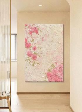 粉顺丰奶砂油风红色玫XHT瑰花手绘油画厅客装饰画石英岩肌理入户