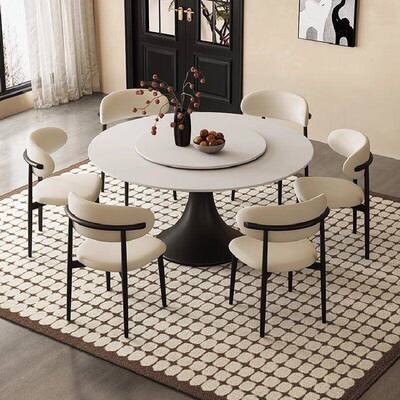 轻奢约岩IMC板圆形餐桌大椅组带转盘简圆桌小户合型家用圆新款餐