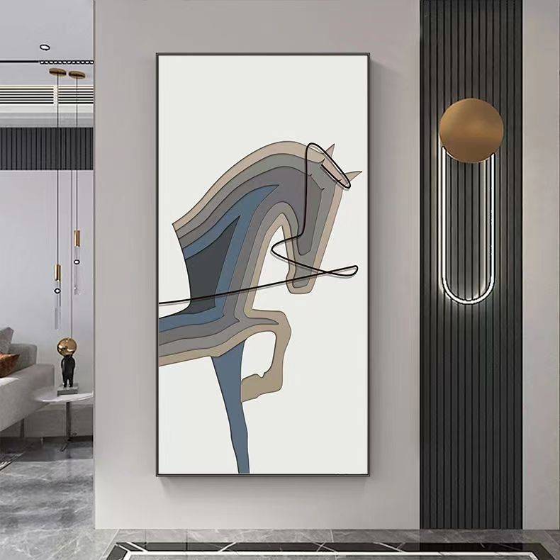 马到成功玄关背景装饰画抽象现代过道走廊骏马入户竖版