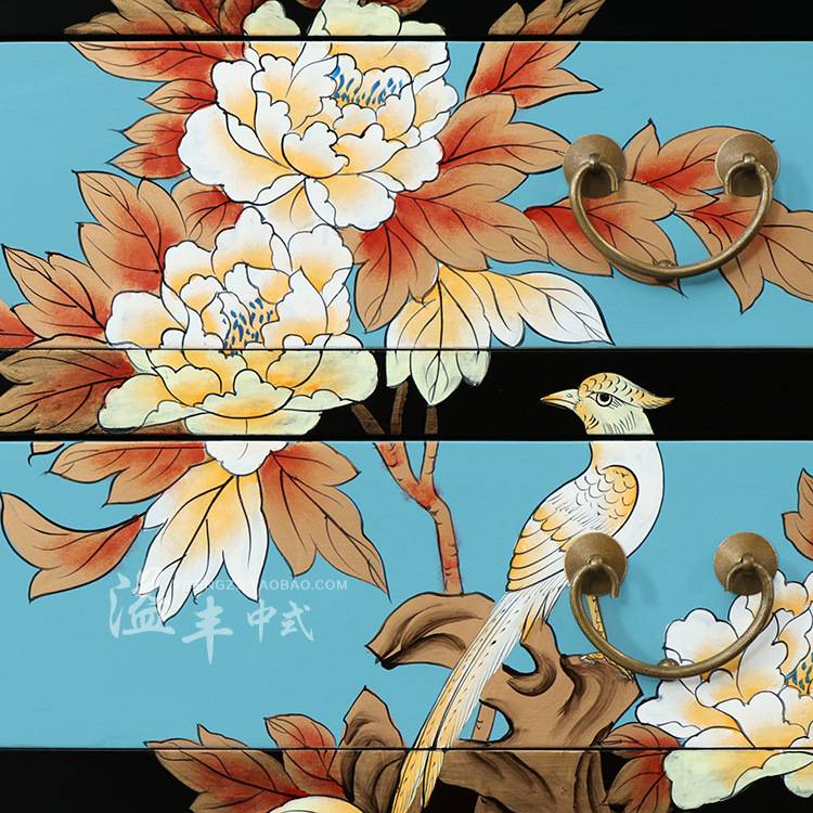 新中式彩绘多斗柜轻奢储物柜客厅实木质角柜卧室酒店田园风床头柜