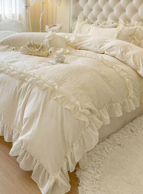 T5H法式轻奶奢油风全棉床四件套公主XJR风纯棉蕾丝花边被套上单床